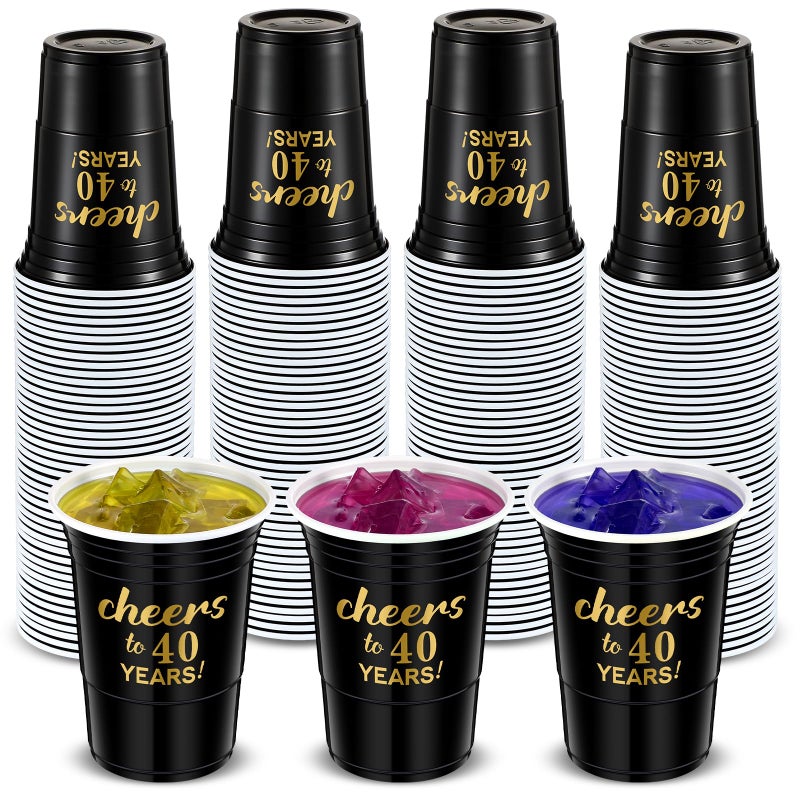 Suttmin 50 Pcs Cheers to 40 Years 16 oz Birthday Party Disposable Cups Black Gold Plastic Tumbler Cups for 40th Birthday Squad Tumblers for Wedding Anniversary Supplies Decorations